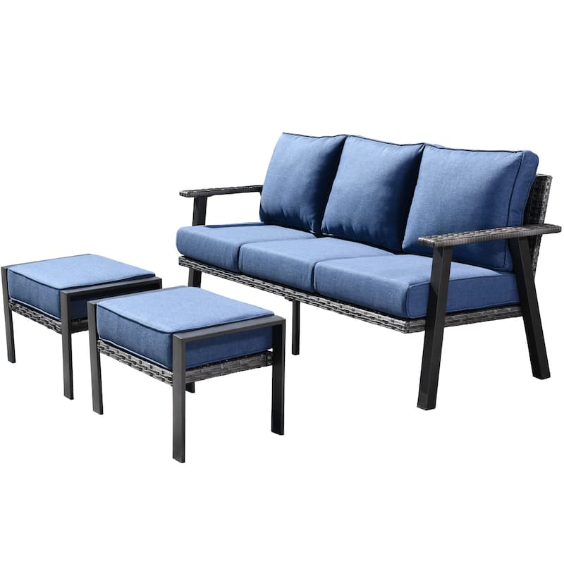 OVIOS Outdoor 3-piece Wicker Sectional Sofa Set With Ottoman Steel Frame