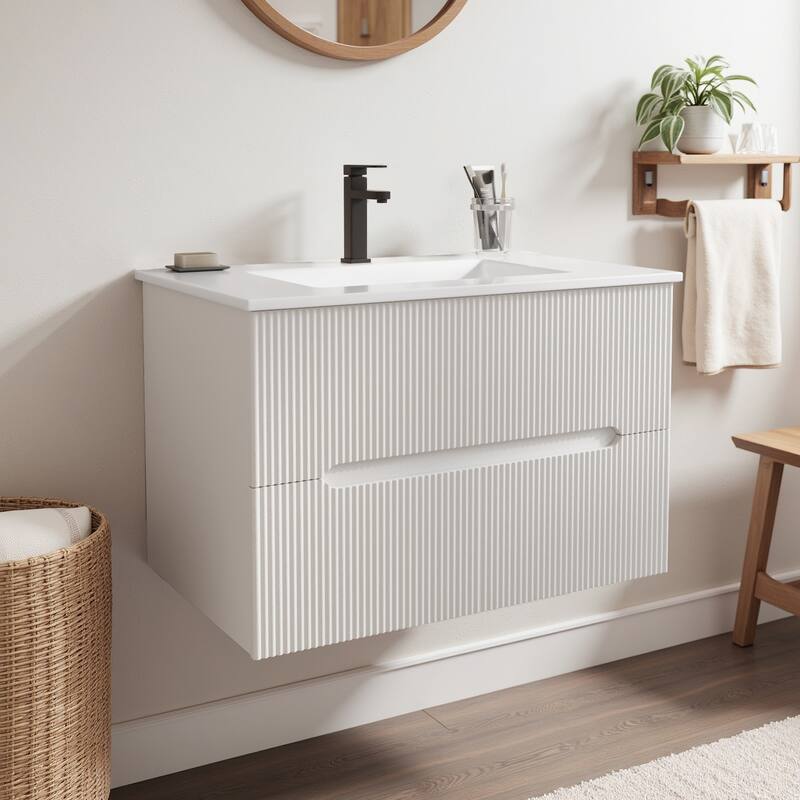 EROMMY 24/30 Inch Floating Bathroom Vanity with Sink, Modern Sink Cabinet with 2 Drawers and Soft-Close Design