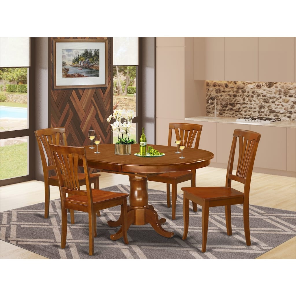 Modern 5 Piece Dining Set - Oval Table with Leaf & 4 Chairs - Saddle Brown Finish