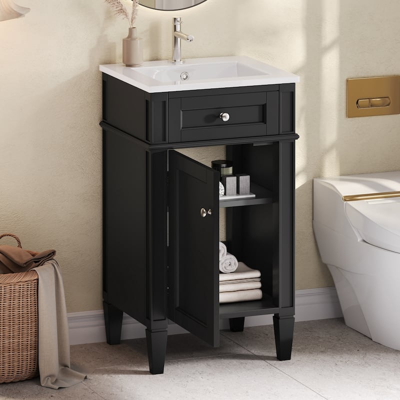 18" Freestanding Single Bathroom Vanity with Ceramic Sink, French Style Cabinet with Soft Close Door