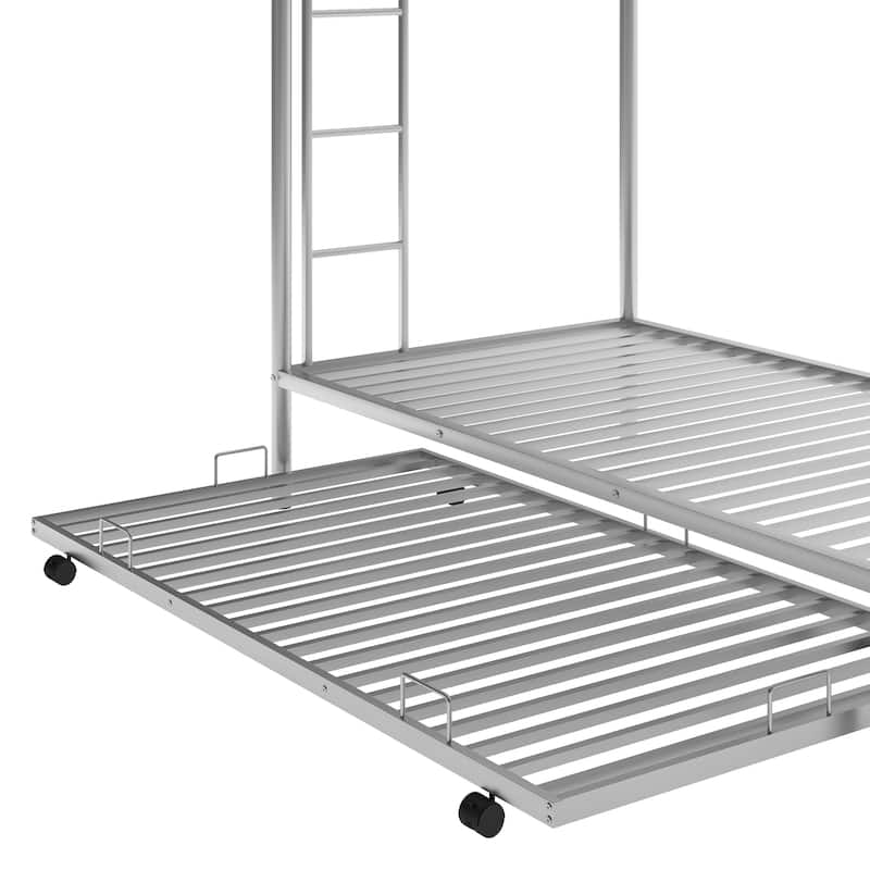 Twin over Twin Size Metal Bunk Bed with Trundle, Ladder and Fence for Bedroom
