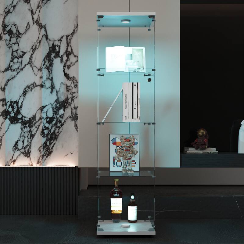 LED lights Glass Display Cabinet 4 Shelves with Door, Floor Standing Curio Bookshelf