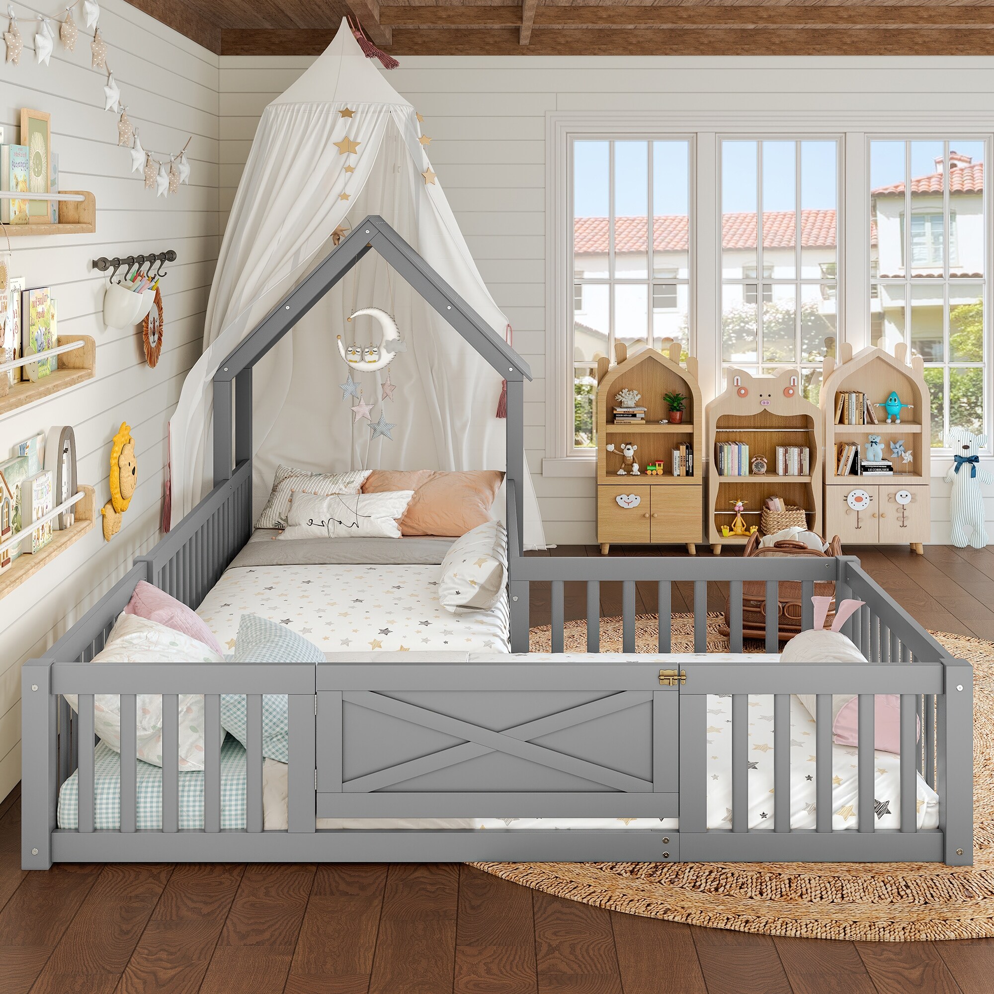 Modern House Floor Bed Frame, Double Floor Beds with Fence and