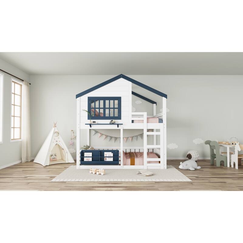 Full Size Bunk Bed/Loft Bed with Bookshelf, House Design, High-Quality Safety Fencing