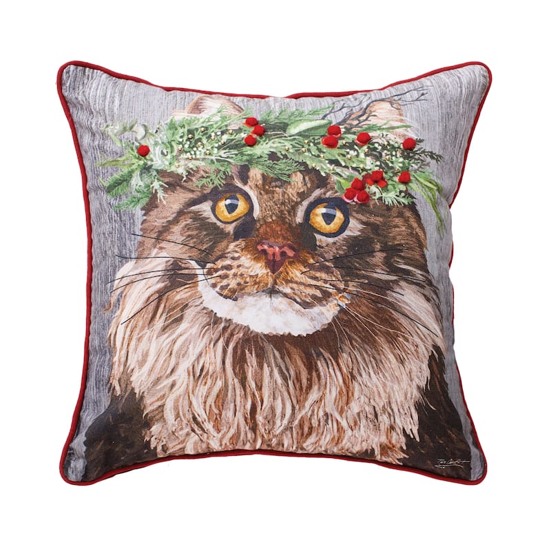 18" x 18" Cat Wearing Holly Berry Flower Crown Printed & Embellished Throw Accent Pillow