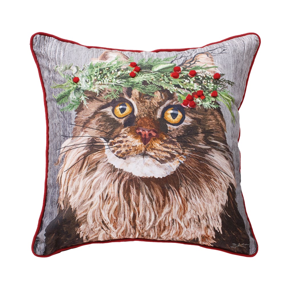 18" x 18" Cat Wearing Holly Berry Flower Crown Printed & Embellished Throw Accent Pillow
