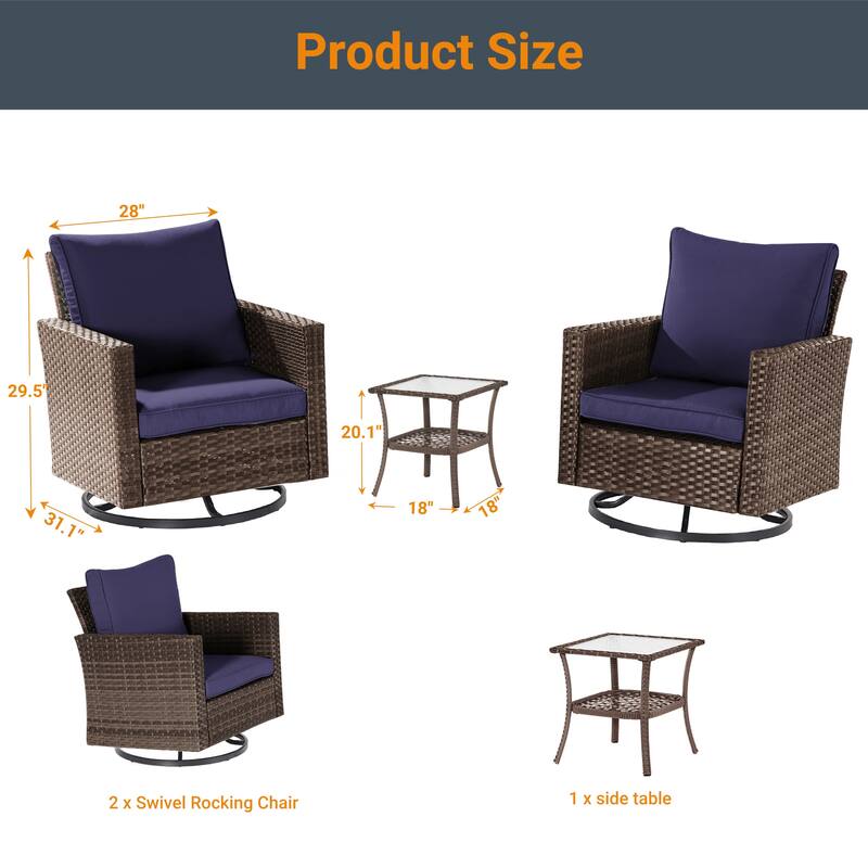 LIVOOSUN 3-Piece Patio Sofa Set Brown Rattan Swivel Rocking Chair Glass Table