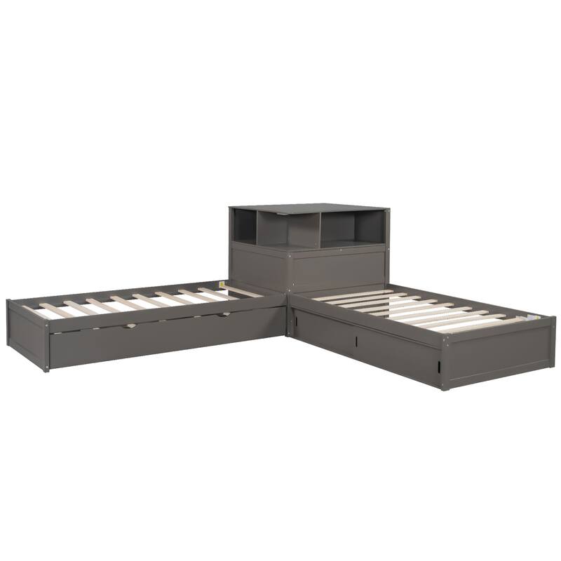 Twin Size L-shaped Bed Frame with Trundle Bed and Storage Cabinets, Desk, Lighting, Corner Platform Storage Bed Frame