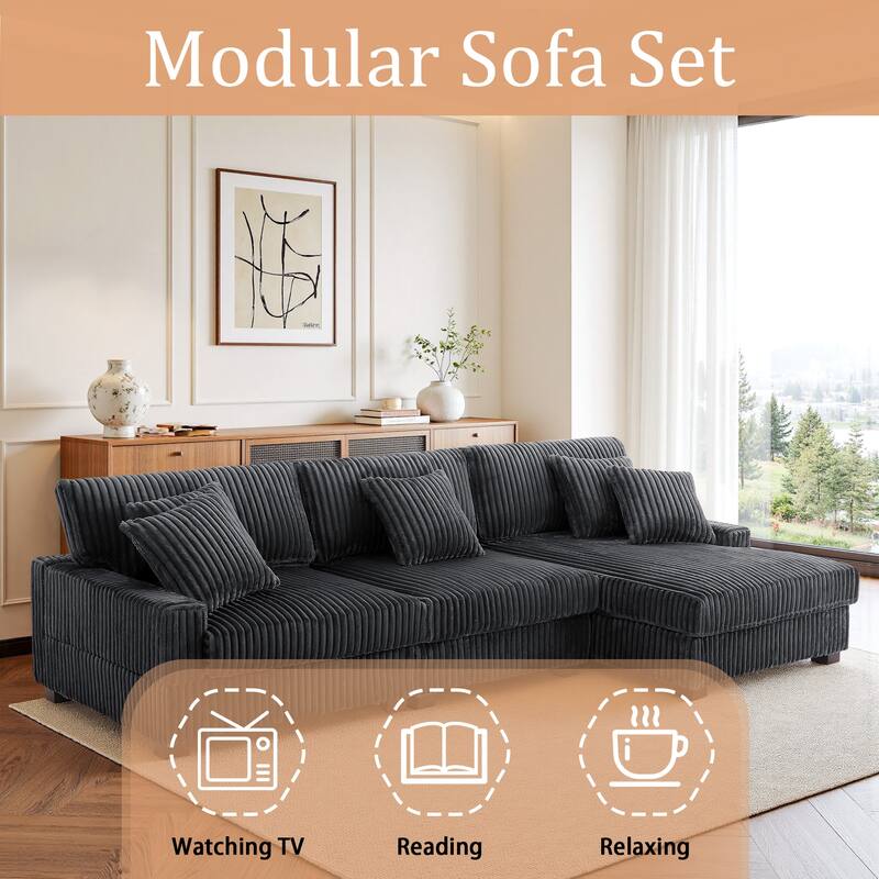 118.3" W Plush Corduroy Square Arm Upholstered Sectional Modular Sofa