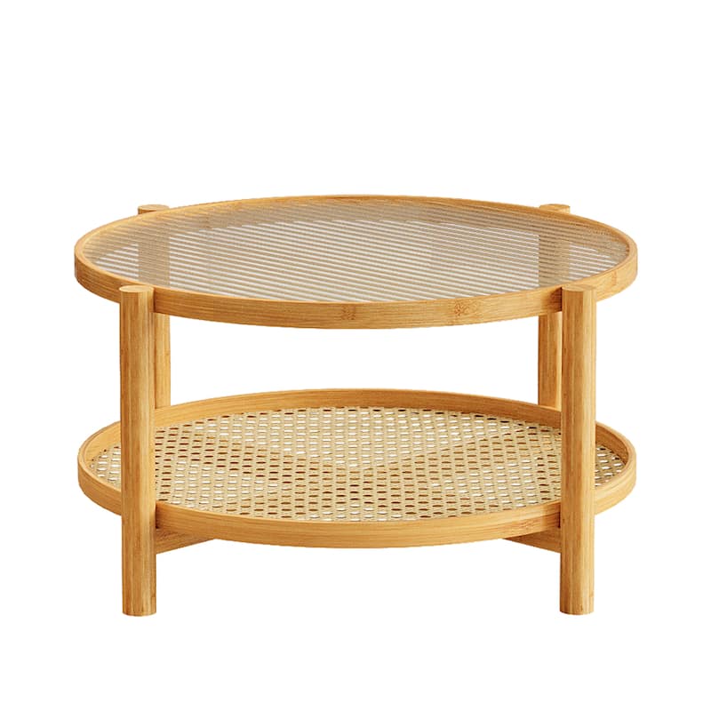 Rattan Coffee Table, 2-Tier Bamboo Coffee Table with Glass Top,Modern Round Coffee Table