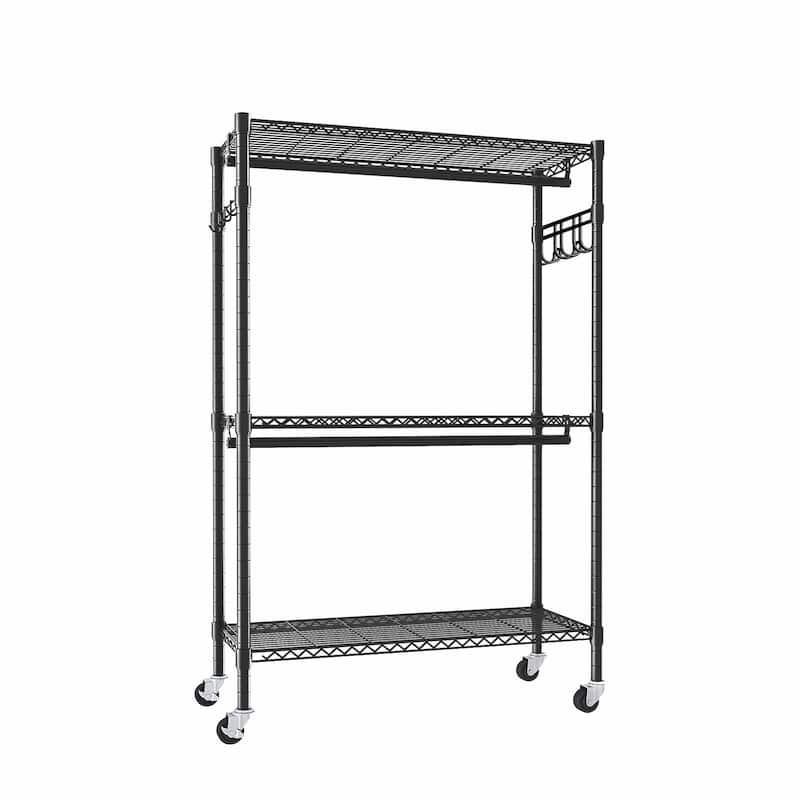 3 Tiers Adjustable Wire Shelving Clothes Rack with 2 Clothes Rails and Side Hooks