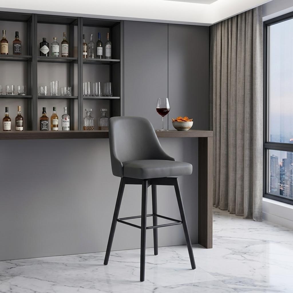 HomeRoots 30" Gray and Black Faux Leather with Solid Wood Swivel Bar Height Bar Chair