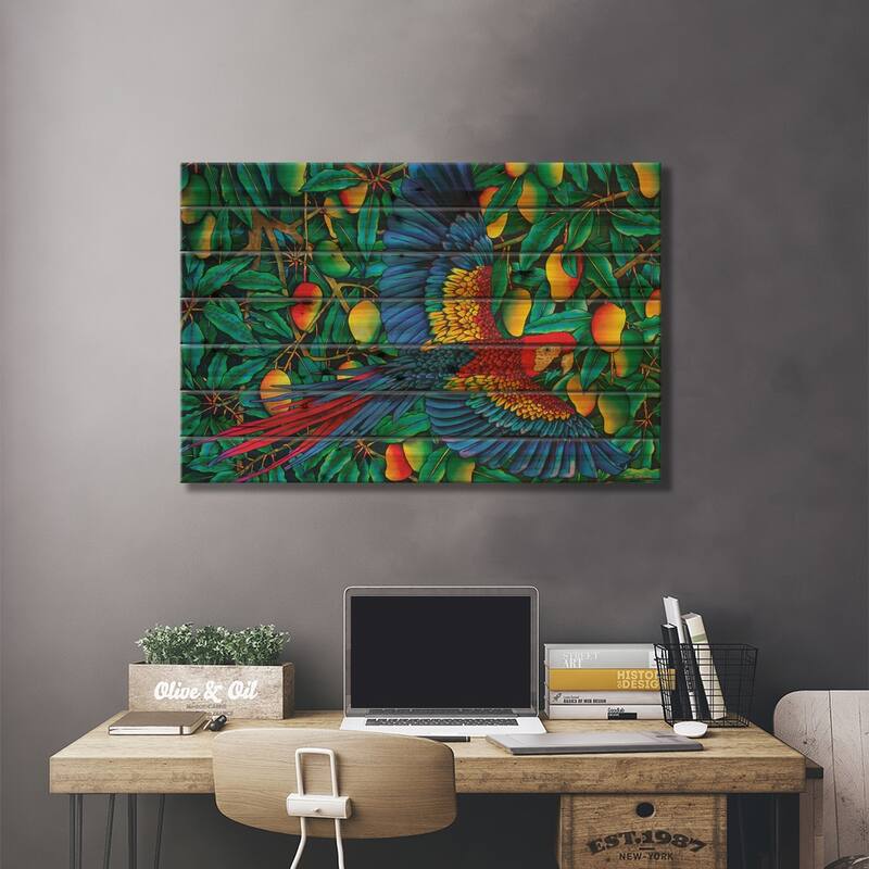 Macaw In Mango Tree Print On Wood by Daniel Jean-Baptiste - Multi-Color