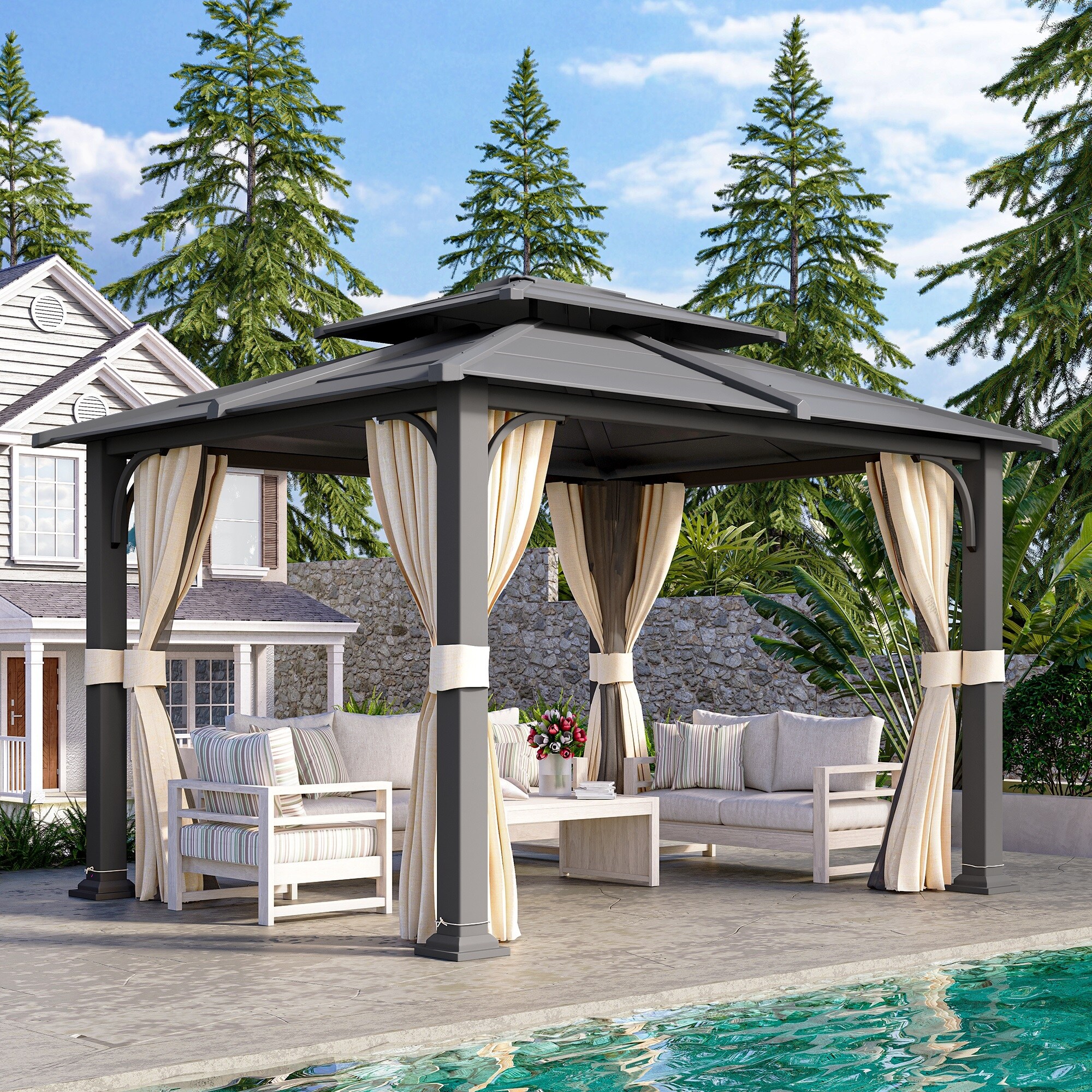 EROMMY 10' x 12' Double Metal Roof Gazebo with Anti-Rust Coating