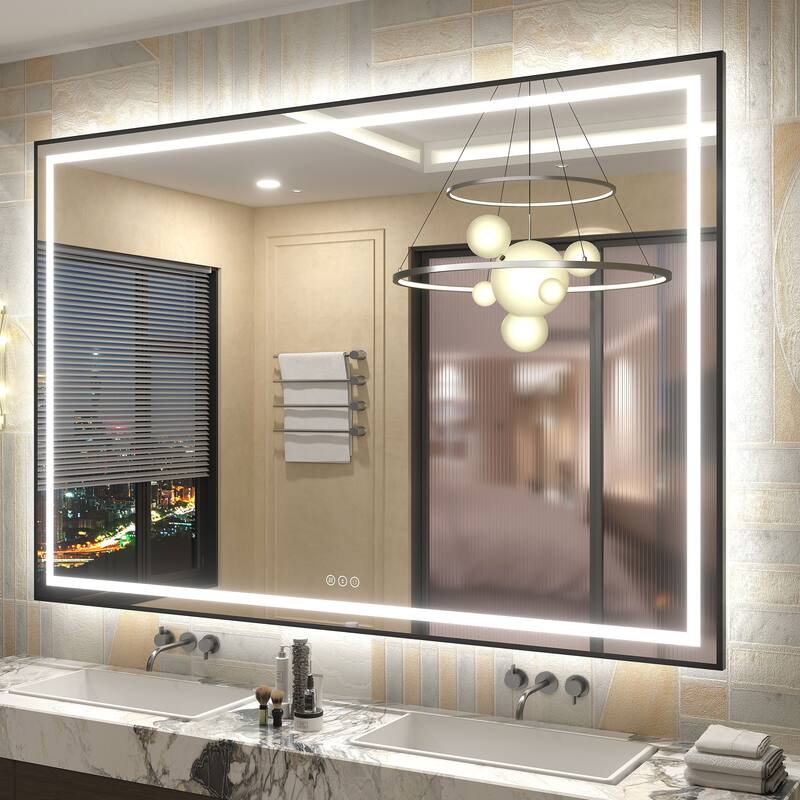 Black Metal Framed LED Front Light and Backlit Anti-Fog Wall Bathroom/ Vanity Mirror - 60" x 40"-Square Corner - Black