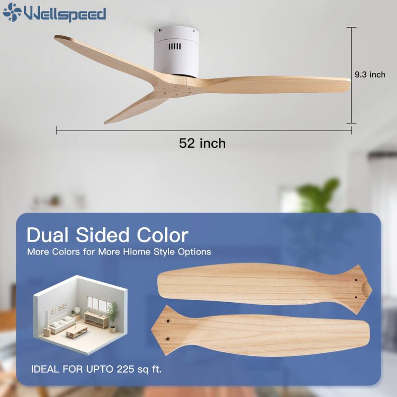 52In. Farmhouse Indoor Flush Mount Low Profile Ceiling Fan with Solid Wood Blades and Remote Control