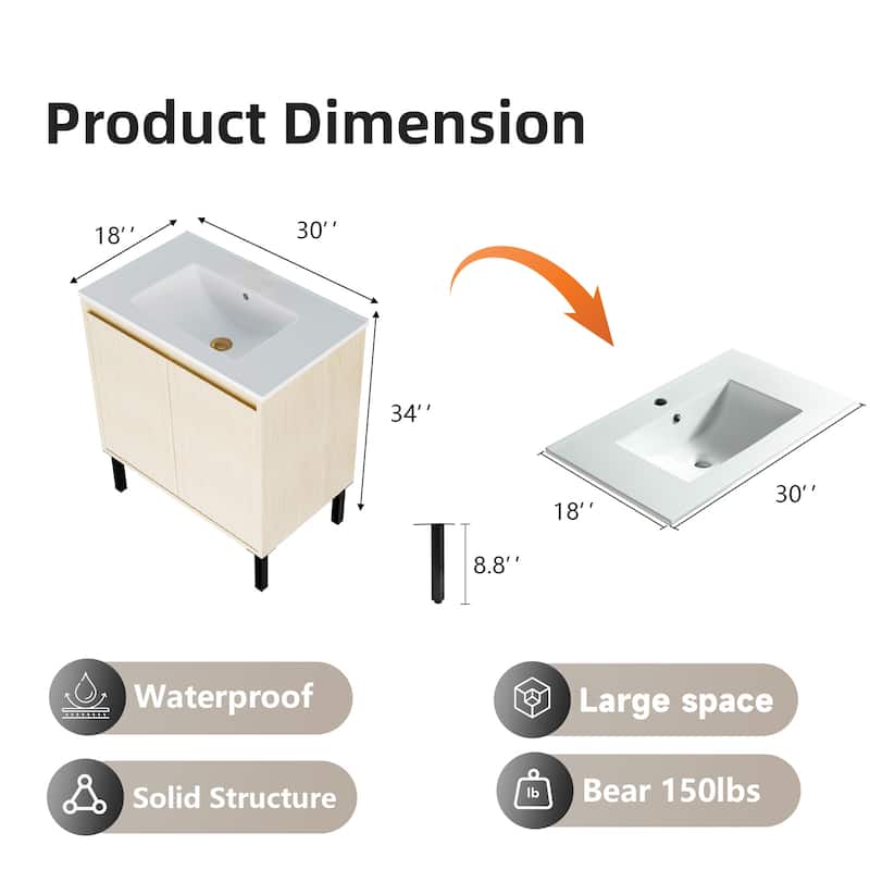 30 Inch Bathroom Vanity with Sink, Floor Standing Cabinet with Soft-Close Drawers and Modern Storage Design