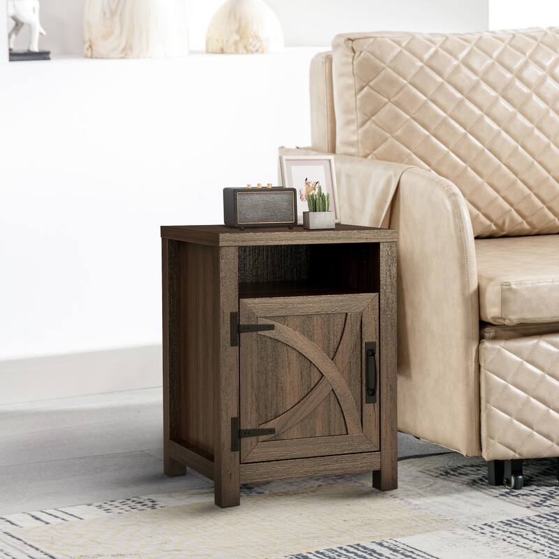 Walnut Barn Door Sofa End Table Nightstand Bedside Table with Storage Shelf