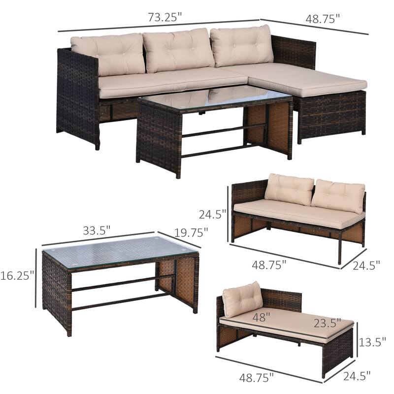 3 Piece Patio Furniture Set, Rattan Outdoor Sofa Set with Chaise Lounge & Loveseat, Soft Cushions, Tempered Glass Table,