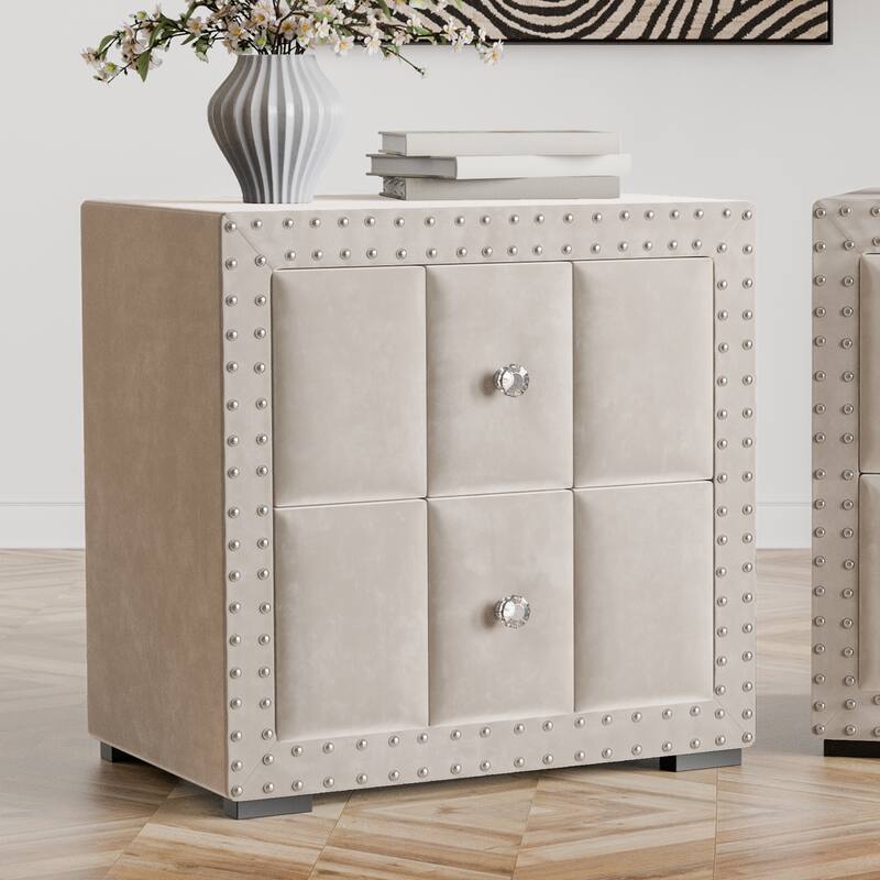 247 Shop At Home Fynor Modern Velvet 2-Drawer Nightstand - Beige