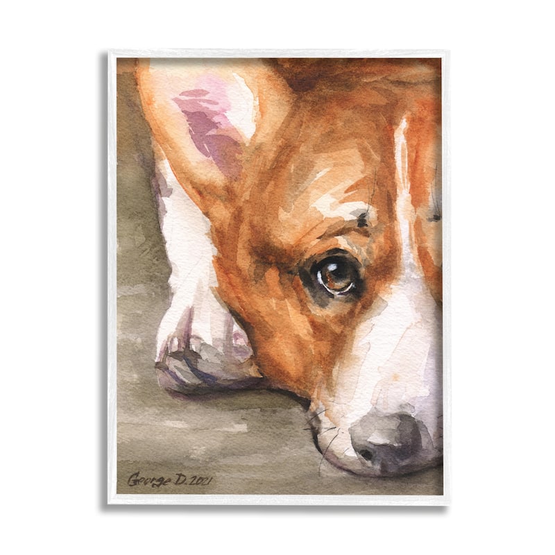 Stupell Pleasant Corgi Puppy Dog Gazing Lying Down Framed Wall Art, Design by George Dyachenko - Tan - 11 x 14 - White