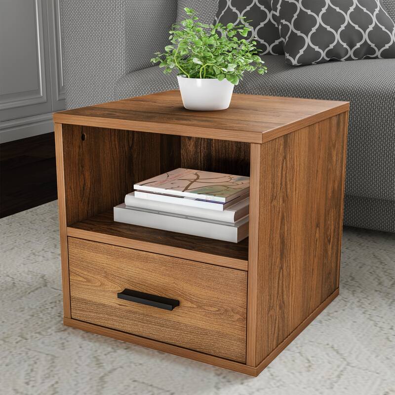 Hastings Home Cube End Table with Drawer - 15.75" x 16.25" x 15.75" - Brown