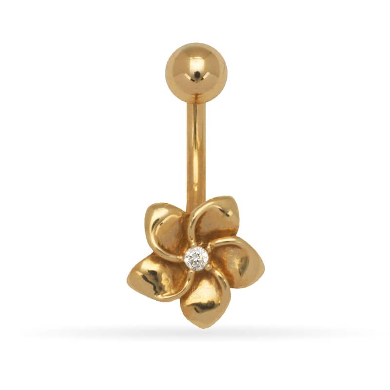 14k Gold 14-Gauge Cubic Zirconia Plumeria Flower Drop Body Jewelry Belly Ring (yellow or white) - White
