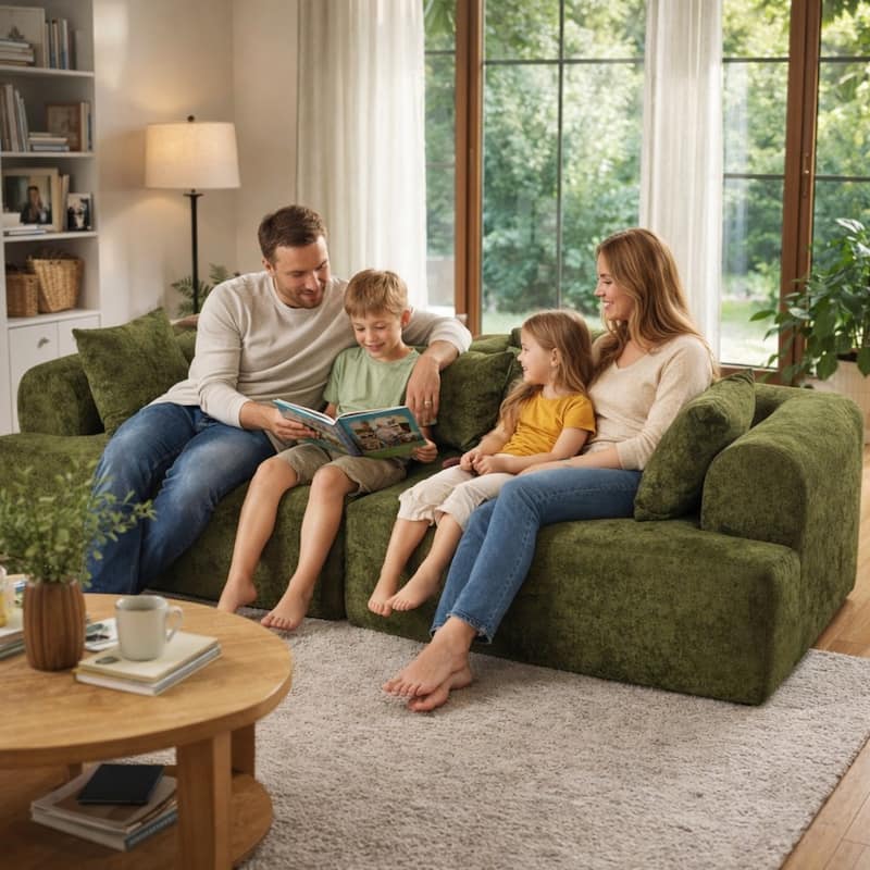 96" Boucle Fabric Sectional Sofa with Four Pillows, No Assembly Required