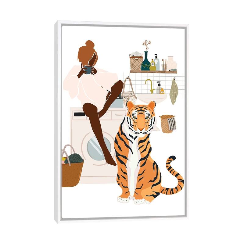 iCanvas "Tiger In Laundry Room" by Jania Sharipzhanova Framed Canvas Print - White - 40x26
