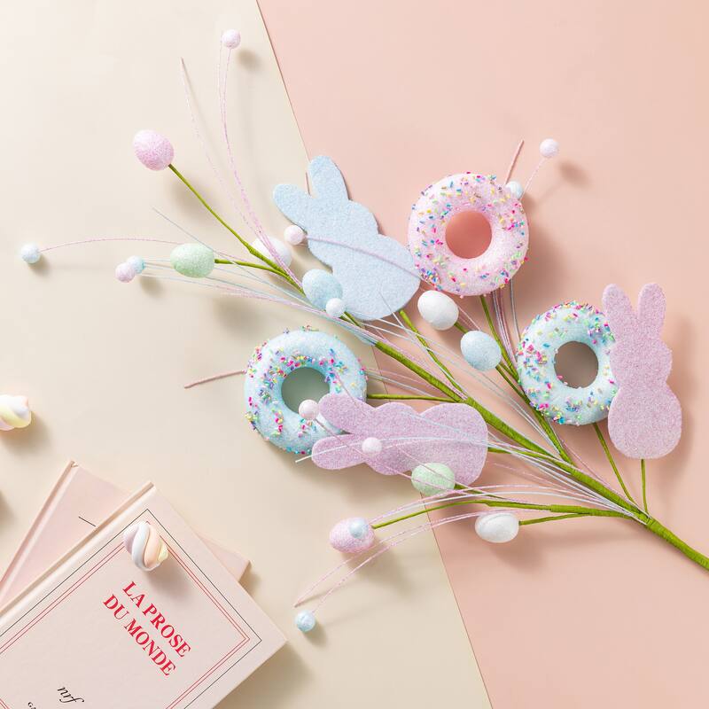 Glitzhome 28"H Set of Two Easter Glitter Egg Bunny Donuts Top Hat Picks