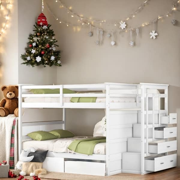 slide 2 of 12, Full over Full Bunk Bed with Twin Size Trundle and Staircase White
