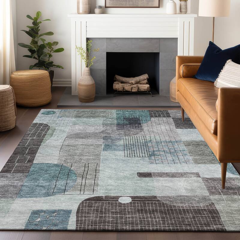 Machine Washable Indoor/ Outdoor Abstract Contemporary Chantille Rug - Teal - 2'6" x 3'10"