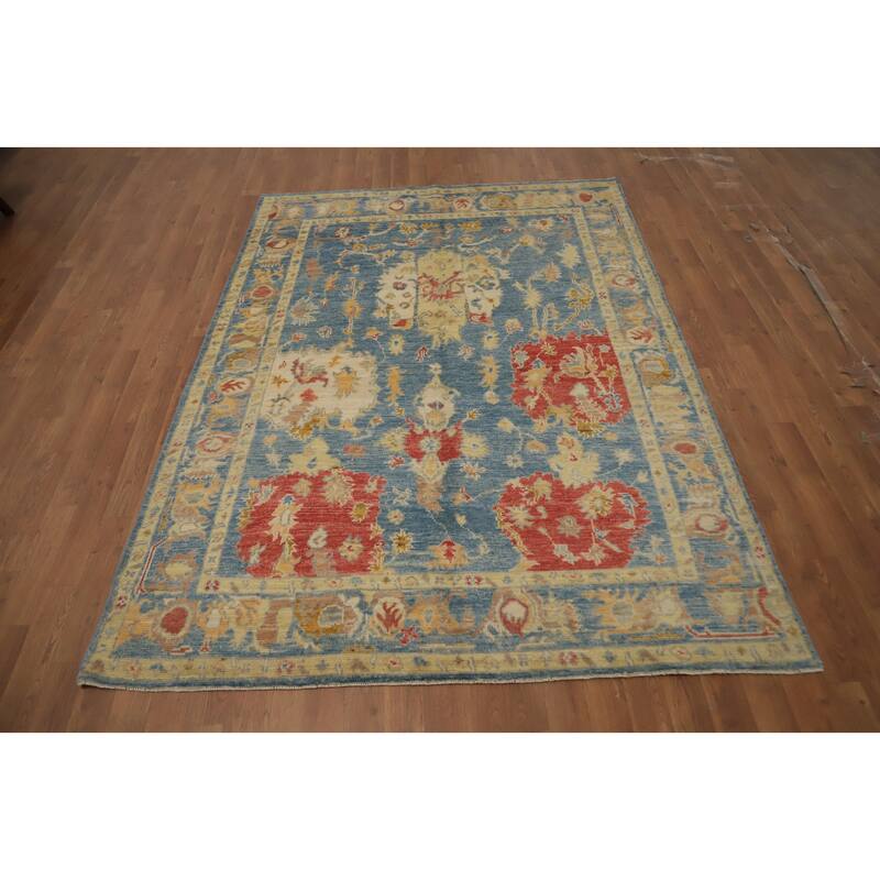 Hand Knotted Oriental 100% Wool Carpet Transitional Floral Navy Blue & Blues Oushak Area Rug - 7' 2'' X 5' 2''