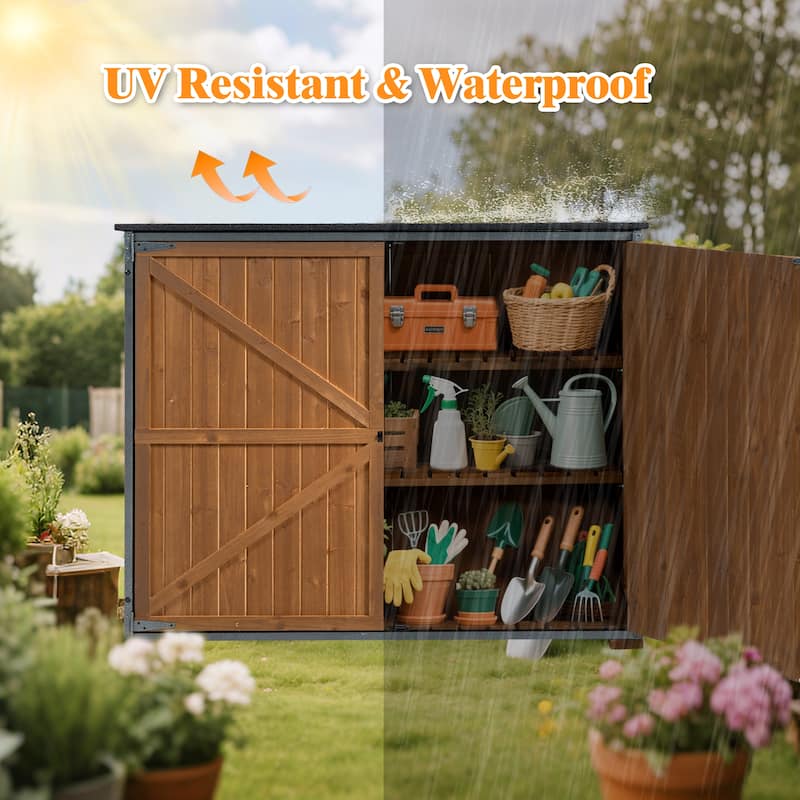 Outdoor Storage Cabinet, Garden Shed Tool Shed with Metal Frame Structure for Backyard Garden Patio Lawn (Brown)