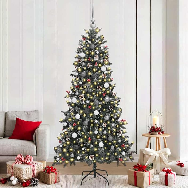 vidaXL Artificial Christmas Tree with 300 LEDs Green 99 x 99 x 180 cm - 99 x 99 x 180 - Green with LEDs & white grey balls (1)