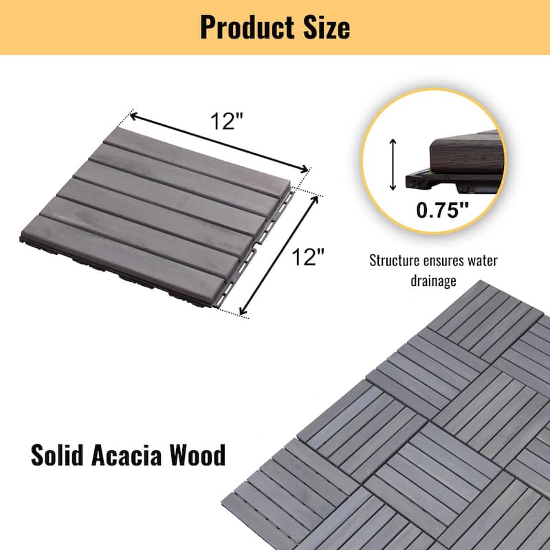 12"x12" Light Gray Acacia Hardwood Deck Tiles, Interlocking Outdoor Flooring for Patio, Pool
