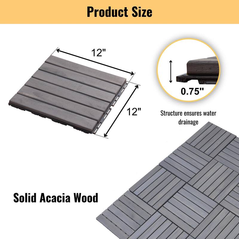 30 Pieces 12”x12” Acacia Wood Outdoor Deck Tiles Waterproof Mold Resistant Balcony Garden Floor