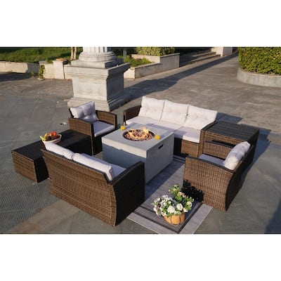 7-Piece Outdoor Rattan Conversation Sofa Set with Fire Pit Table