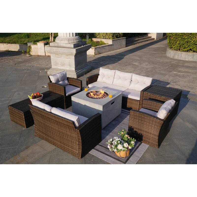7-Piece Outdoor Rattan Conversation Sofa Set with Fire Pit Table - Square grey table (W34.5"xD34.5"xH23.8")