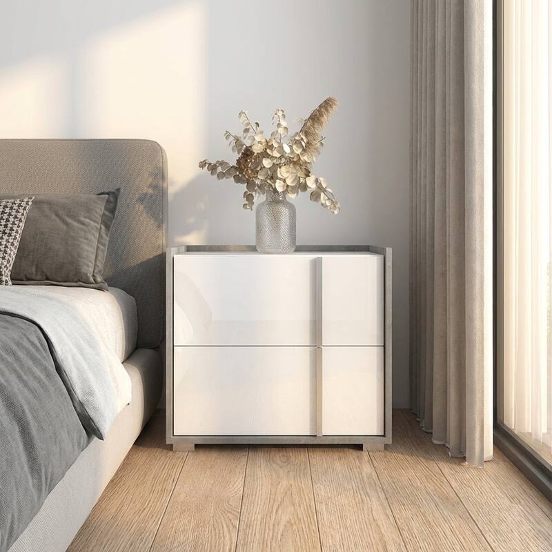 Meble Furniture Sky 25" Modern Nightstand 25.2"W x 15.7"D x 22.4"H High Gloss Fronts Matte Body European Design