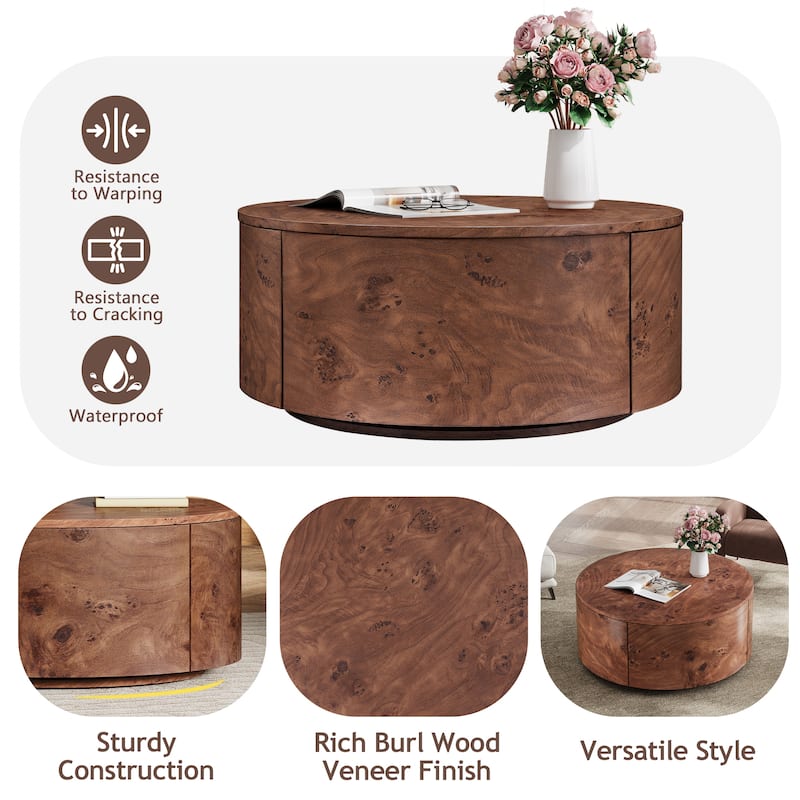 Burl Wood Rotating Coffee Table with 2 Drawers, 28.4 Inch Round Walnut Table with 360 Degree Swivel Top