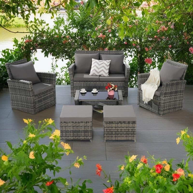 6-Piece Outdoor Patio Rattan Conversation Sofa Set with Tempered Glass Coffee Table