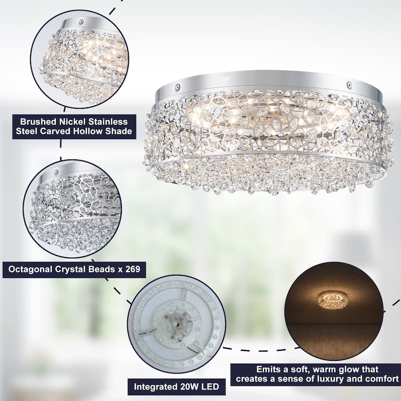 LED Flush Mount Ceiling Light with Stainless Steel Shade and Crystal - Dia.14.17-in