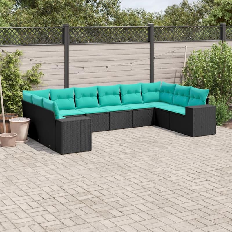 vidaXL 10 Piece Patio Sofa Set with Cushions Black Poly Rattan - 24.4 x 24.4 x 27.2