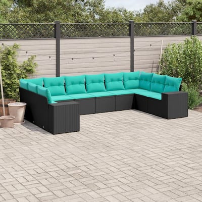 vidaXL 10 Piece Patio Sofa Set with Cushions Black Poly Rattan