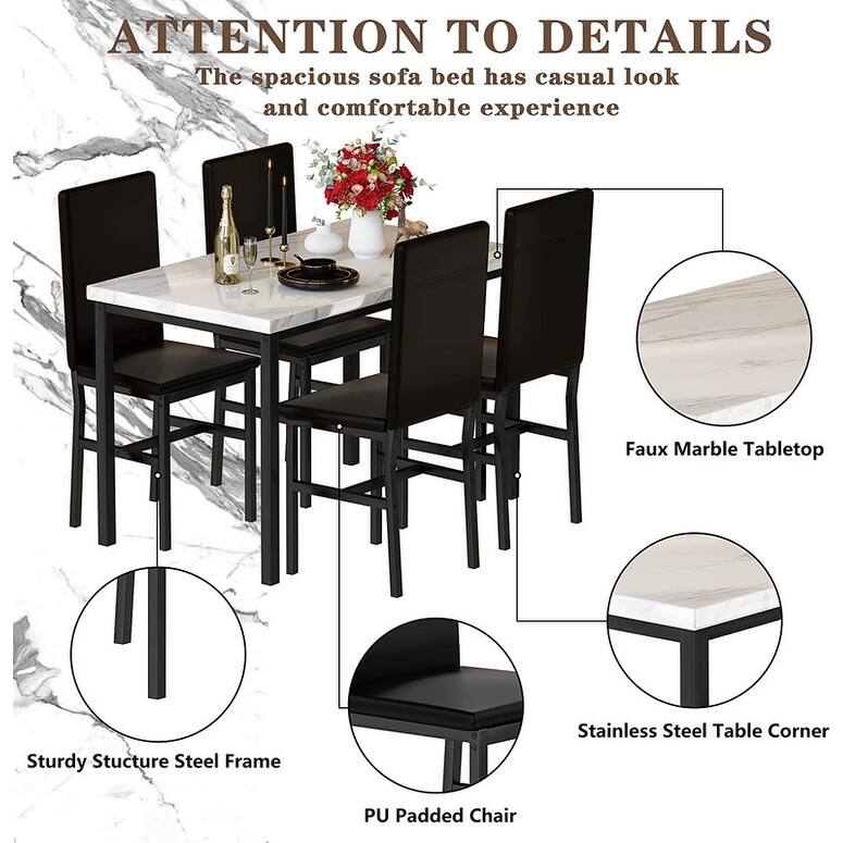 Modern Kitchen Dining Table Set for 4, Faux Marble Dining Set with 4 PU Leather Upholstered Chairs for Living Room, Kitchen