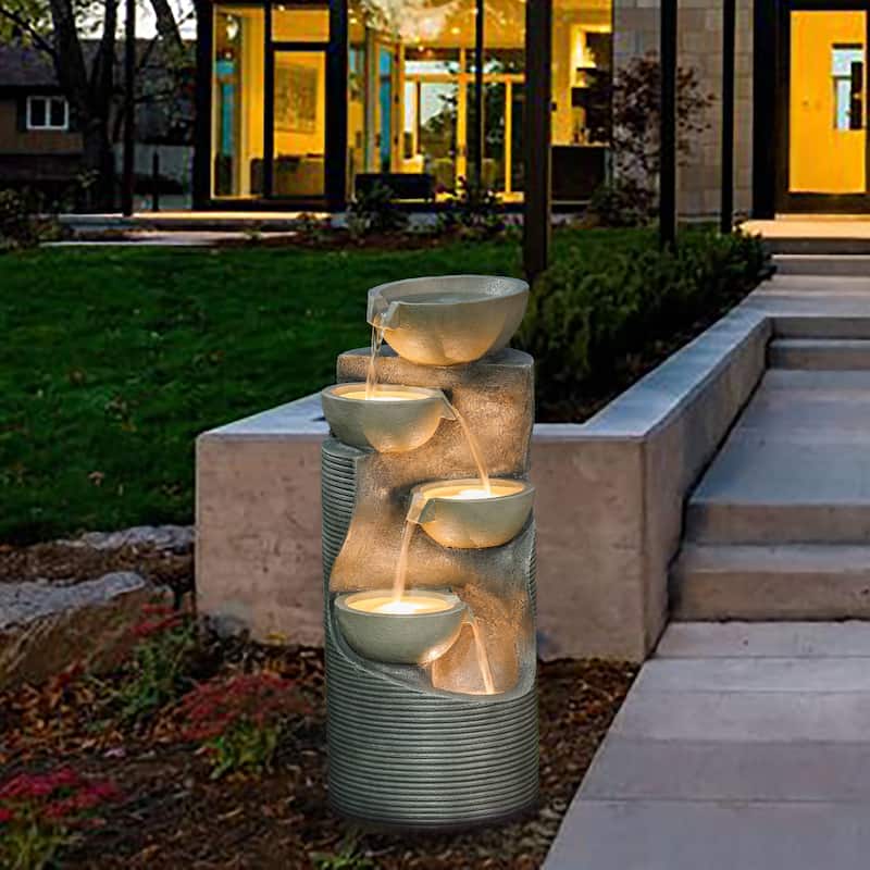 Modern Gray CementTiered Bowls Outdoor Fountain with Lights