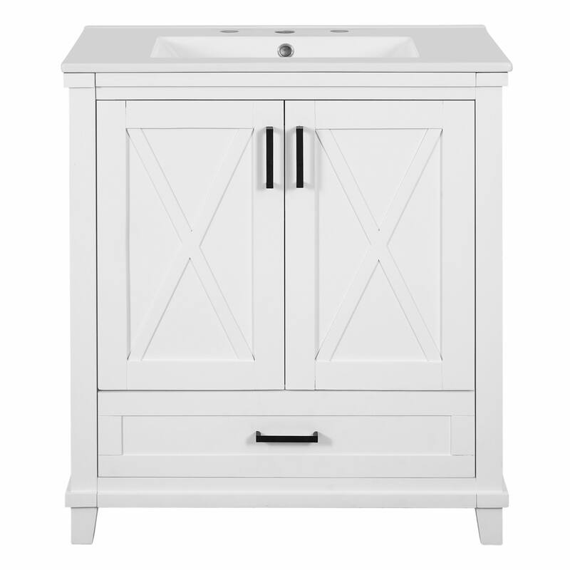 30" Bathroom Vanity - Solid Wood Frame, Single Sink, 2 Soft-Close Doors, Divided Drawer & Dual Storage Shelves