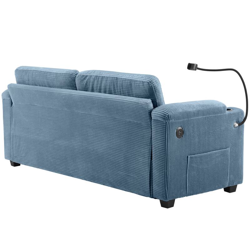 Roomfitters Corduroy Sleeper Sofa Loveseat with Full-Size Mattress, USB Ports, Cup Holders, Side Pockets