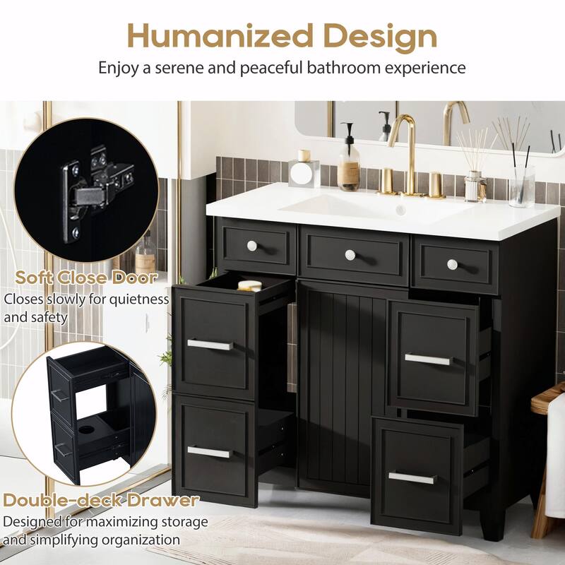 36" Bathroom Vanity with Ceramic Sink, Blue, Solid Wood Frame, Soft-Close Doors, Adjustable Shelves